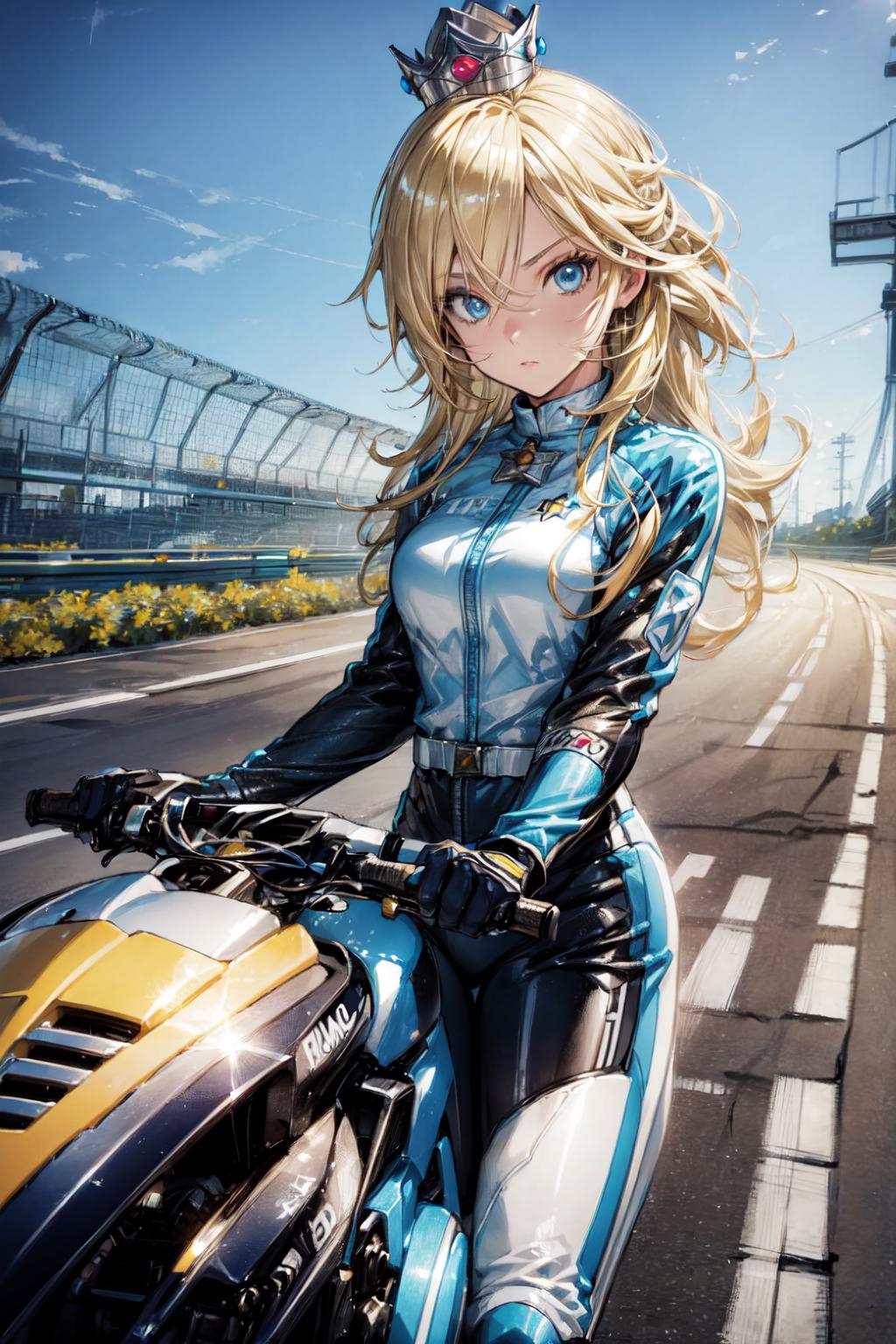 Anime girl in a blue and gold outfit riding a motorcycle - SeaArt AI