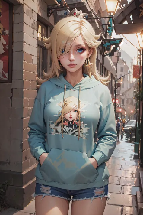 Highly detailed, High Quality, Masterpiece, beautiful, 1girl, IncrsRosalinaRng, <lora:Rosalina:0.8>, edgNoire, hoodie, ([black dress, short skirt|hoodie]::0.5), <lora:Outfit_NoireHoodies:0.8>