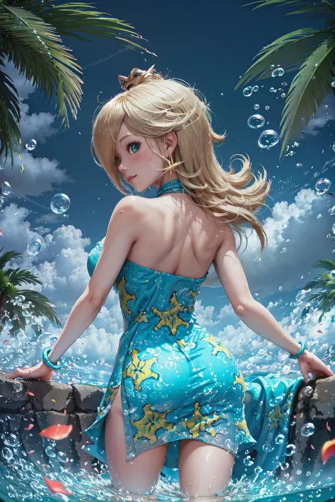 Highly detailed, High Quality, Masterpiece, beautiful, 1girl, IncrsRosalinaSwimwear, <lora:Rosalina:0.8>, ((Beach, palm trees, detailed water, blue sky, cinematic angle dramatic shadows, vibrant colors, backlighting, depth of field, highleg, contrapposto, toned)), seductive smile, blush, blue dream, scenery, cloud, out doors, whale, fish, bubble, water, petals, fantasy, ocean, surreal, <lora:Pos_BlueDream:0.7>, from behind,