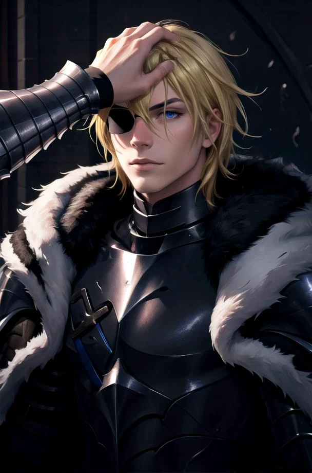 Highly detailed, High Quality, Masterpiece,  ((HeadpatPOV)), 1man, DimitriAfter, blonde hair, armor, cape, solo,