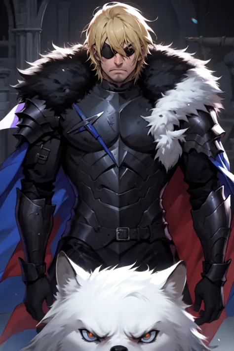 best quality, Mature male, looking over one shoulder, DimitriAfter, black armor, cape, eyepatch, angry,