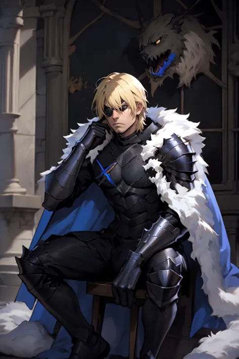 best quality, Mature male, propped up on one hand (sitting or standing), DimitriAfter, black armor, cape, eyepatch, angry,