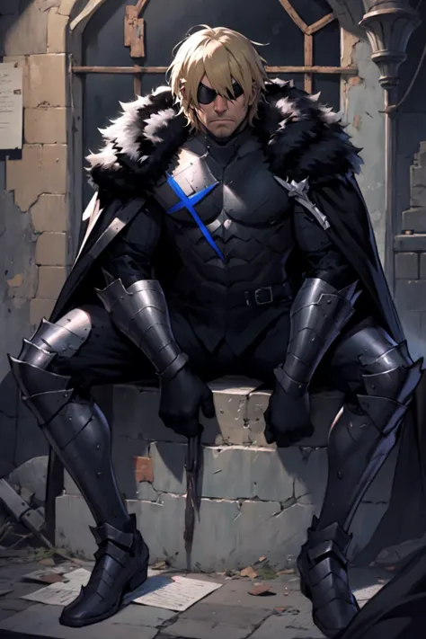 best quality, Mature male, propped up on one elbow (resting), <lora:Dimitri:1> DimitriAfter, black armor, cape, eyepatch, angry,