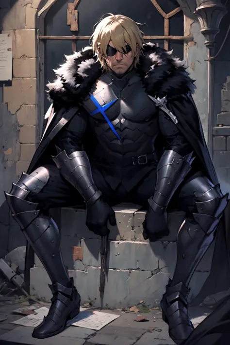 best quality, Mature male, propped up on one elbow (resting), DimitriAfter, black armor, cape, eyepatch, angry,