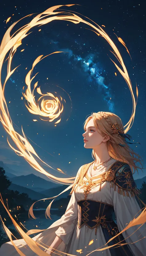 a woman in a white dress with long blonde hair and a swirl of fire