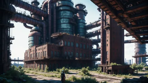 promotional still, 18mm lens, cinematic color grading, old factory in a far future fantasy arcology outside of the multiverse, m...