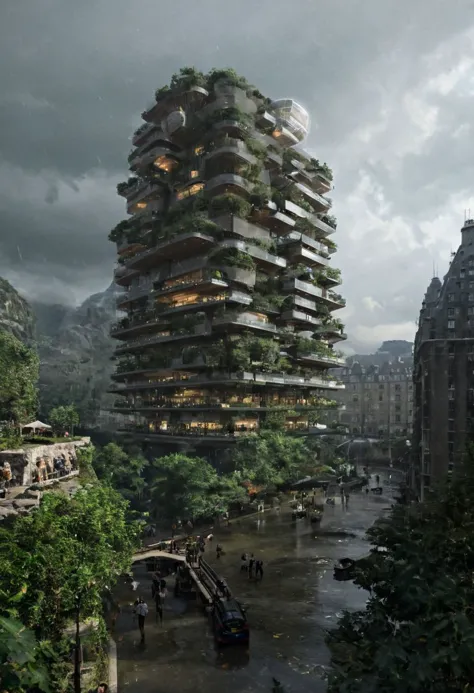 a large building with a lot of trees on top of it