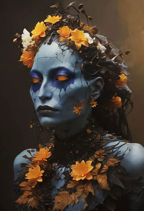 a close up of a woman with blue skin and flowers in her hair