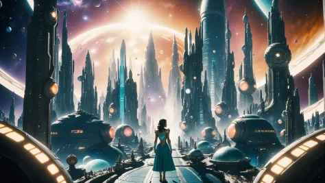 a woman standing in front of a futuristic city with a spaceship in the background