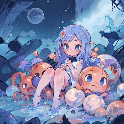 anime girl sitting on a pile of stuffed animals in a cave