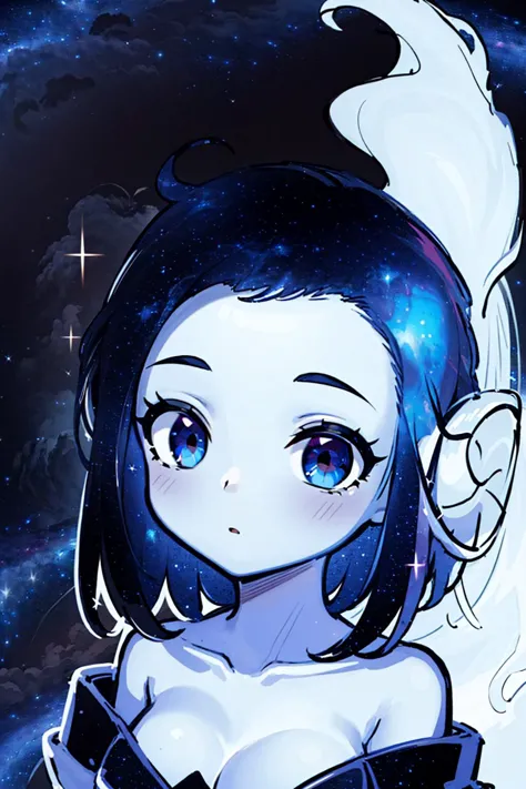 (8k), sharp focus, highres, 1girl, solo, upper body, (high quality:1.2), (high detail:1.2), (masterpiece:1.2), (extremely detailed:1.2) <lora:galaxy_girl-V01:0.8> galaxy girl, horns, black skin, starry sky, sky