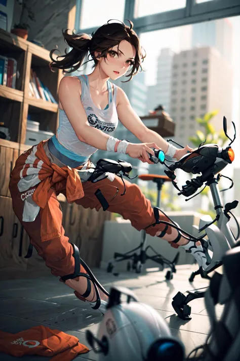 anime girl riding a bike in a room with a window