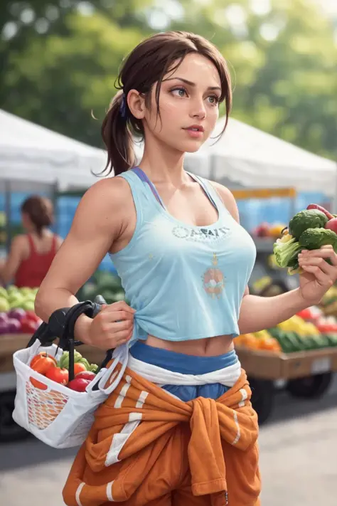 <lora:portal_chell:0.7> chell, hispanic ponytail, tank top, clothes around waist, grocery shopping at the local farmers market, ...