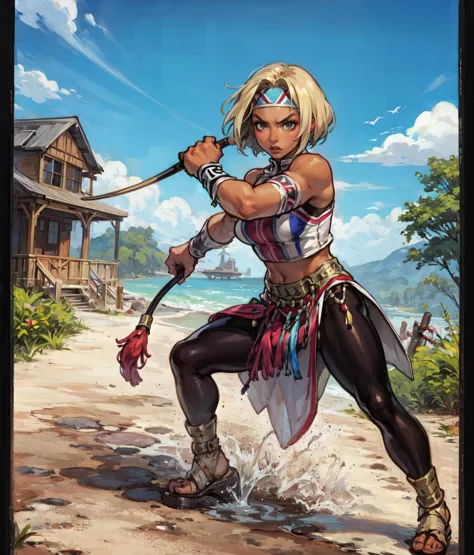 masterpiece, anime screencap, 1 girl, solo, woman, mature, short hair, blonde hair, headband. dark skin, native american costume, leggings, black brown costume, bare arms, wristbands, outdoors, full body, angry, valley, fighting, holding whip, whip, cowboy shot 