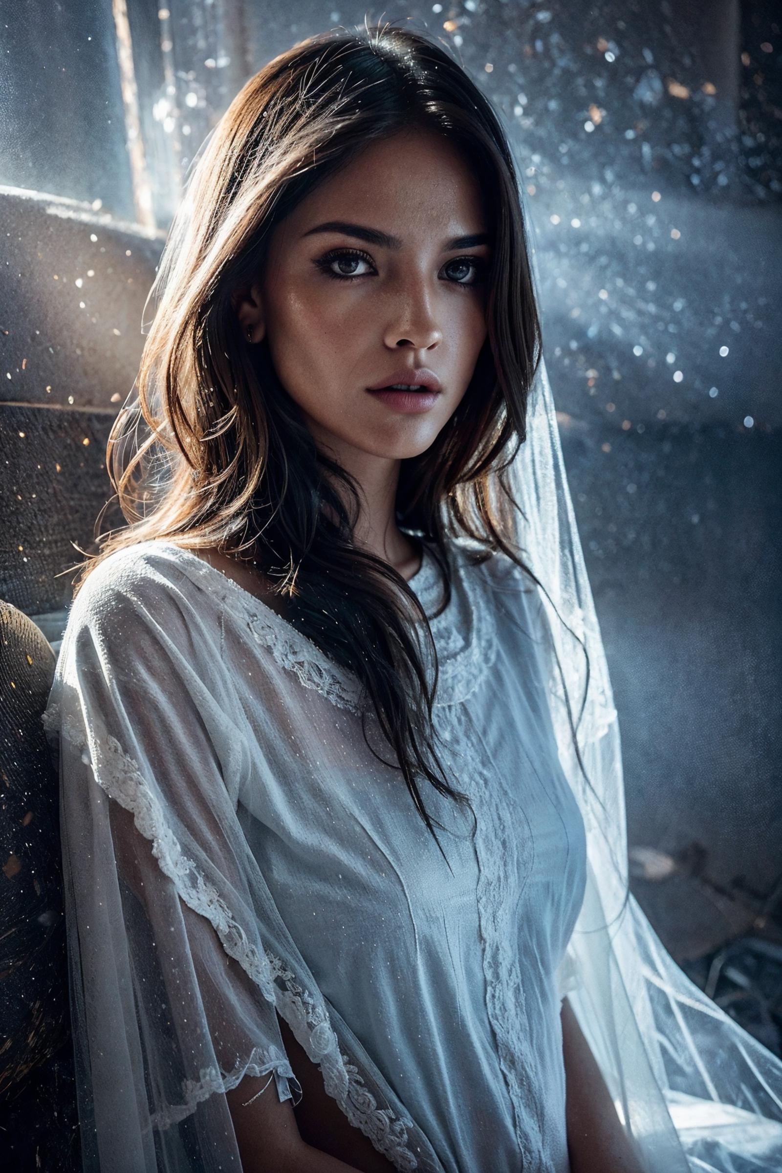 A woman in a white dress sitting on a couch in a room SeaArt AI