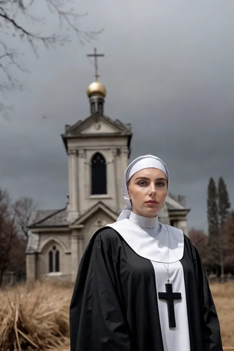 cinematic photo best quality, high quality, arm tattoos, slightly washed out colors, skin, looking looking at viewer, a young nun stands in front of the church, deep autumn, the cold autumn, wearing a turban, a young nun, expressionless, (looking at viewer:1.2), depth of field, hay, a dry branch, empty eyes, (cross:1.1), the gray sky, (nun:1.1), grey, lightgray, peace, grey background, Round her neck was a cross on a silver chain, (wearing a cross:1.1),  . 35mm photograph, film, bokeh, professional, 4k, highly detailed