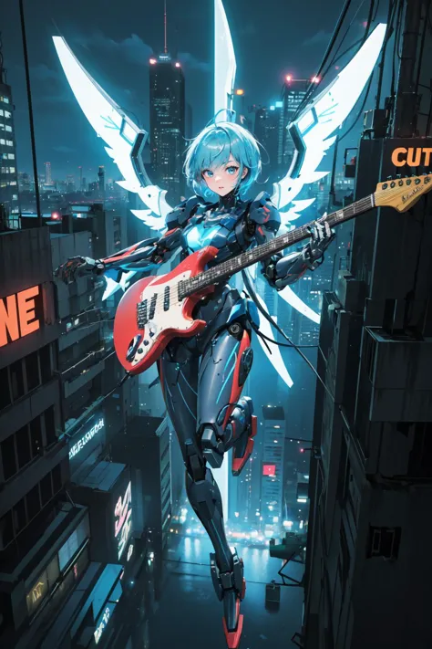 (masterpiece, best quality, highres),finely detail,(beautiful),from above,1girl,(float in the air),blue short hair,bodysuit,mechanical wings,mecha musume,mechanical parts,robot joints,solo,cyberpunk,electric guitar,playing guitar,(Night City),over the city,neon sign,<lora:AMechaSSS[color_theme,mecha musume, mechanical parts,robot joints,headgear]:0.8>, <lora:anime_guitarv1:0.6>