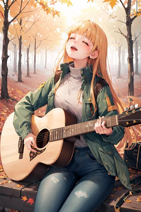 (masterpiece, best quality, highres),finely detail,1girl,looking up,closed eyes,happy facial,animated,acoustic guitar,long blonde hair,blunt bangs,earrings,jeans,(Field Jacket:1.2),turtleneck,falling autumn leaves,autumn leaves,forest, <lora:anime_guitarv1:0.6>