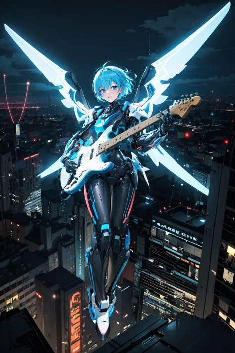 (masterpiece, best quality, highres),finely detail,(beautiful),from above,1girl,(float in the air),blue short hair,bodysuit,mechanical wings,mecha musume,mechanical parts,robot joints,solo,cyberpunk,electric guitar,playing guitar,(Night City),over the city,neon sign,<lora:AMechaSSS[color_theme,mecha musume, mechanical parts,robot joints,headgear]:0.8>, <lora:anime_guitarv1:0.6>