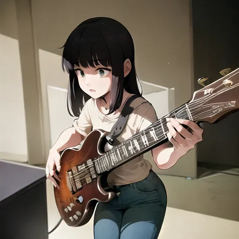 anime girl with guitar in a room with a window