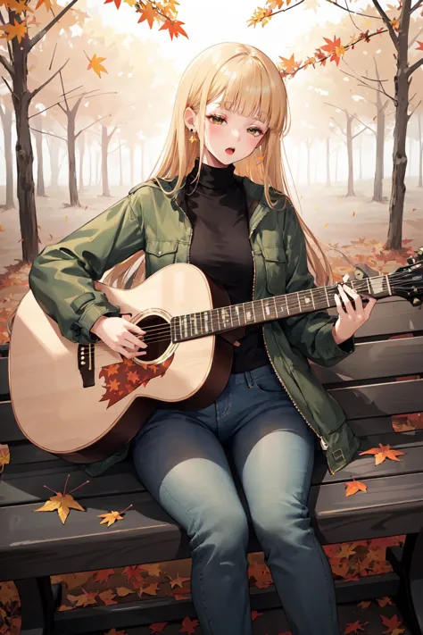 (masterpiece, best quality, highres),finely detail,1girl,(half-closed eyes:0.7),:o,animated,acoustic guitar,sitting on Bench,long blonde hair,blunt bangs,earrings,jeans,(Field Jacket:1.2),turtleneck,falling autumn leaves,autumn leaves,forest, <lora:anime_guitarv1:0.6>