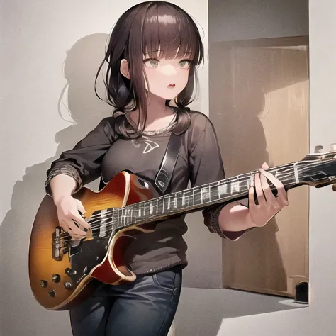 anime girl with guitar in a room with a mirror