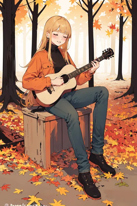 (masterpiece, best quality, highres),finely detail,(flat color:1.4),1girl,light smile,closed eyes,animated,acoustic guitar,sitting,long blonde hair,blunt bangs,earrings,jeans,(Field Jacket:1.2),turtleneck,falling autumn leaves,autumn leaves,forest, <lora:anime_guitarv1:0.6>