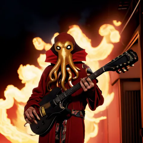 1boy, solo mindflayer, upper body, monster, alien, tentacles, <lora:mindflayer:1>. he has red eyes. He's wearing a robe. The mindflayer is playing his guitar <lora:anime_guitarv1:0.8>, he's in a burning city, city on fire. 8k, absurdres, max res.