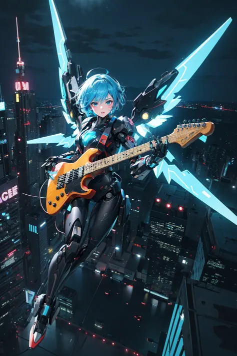 (masterpiece, best quality, highres),finely detail,(beautiful),from above,1girl,(float in the air),blue short hair,bodysuit,mechanical wings,mecha musume,mechanical parts,robot joints,solo,cyberpunk,electric guitar,playing guitar,(Night City),over the city,neon sign,<lora:AMechaSSS[color_theme,mecha musume, mechanical parts,robot joints,headgear]:0.8>, <lora:anime_guitarv1:0.6>