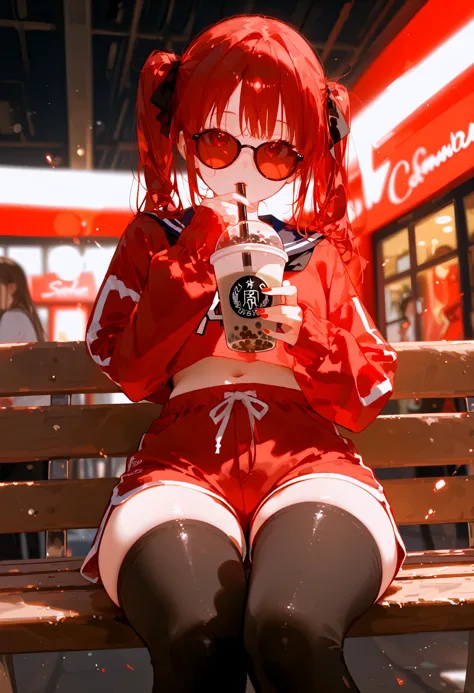 score_9, score_8_up, score_7_up, best quality, source_anime break, 1girl, red hair, twintails, serafuku, holding bubble tea, bla...