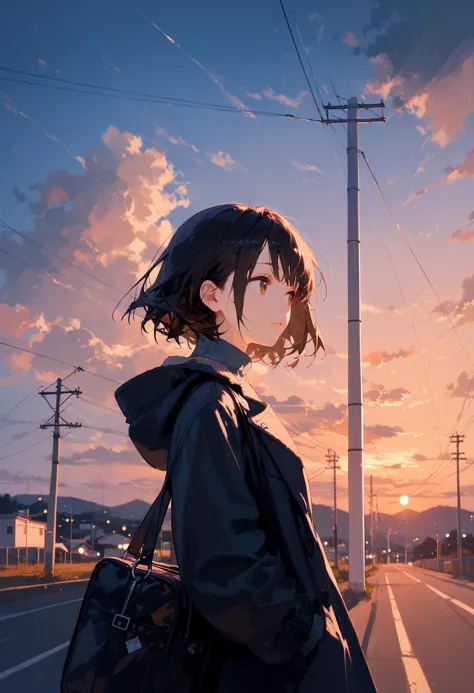 score_9, score_8_up, score_7_up, best quality, source_anime break, 1girl, solo, outdoors, sky, power lines, utility pole, cloud,...