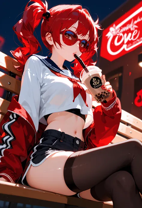 score_9, score_8_up, score_7_up, best quality, source_anime BREAK, 1girl, red hair, twintails, serafuku, holding bubble tea, black and red theme, crop top, short shorts, long sleeves, thighhighs, red sunglasses, sitting on bench, from below, BREAK depth of field, (fisheye:1.2)