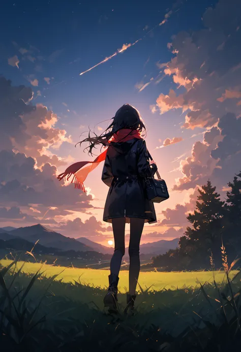 score_9, score_8_up, score_7_up, best quality, source_anime break, 1girl, solo, sky, cloud, outdoors, scenery, black hair, grass...