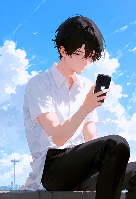 score_9, score_8_up, score_7_up, best quality, source_anime break, 1boy, male focus, cloud, white shirt, cloudy sky, sitting, bl...