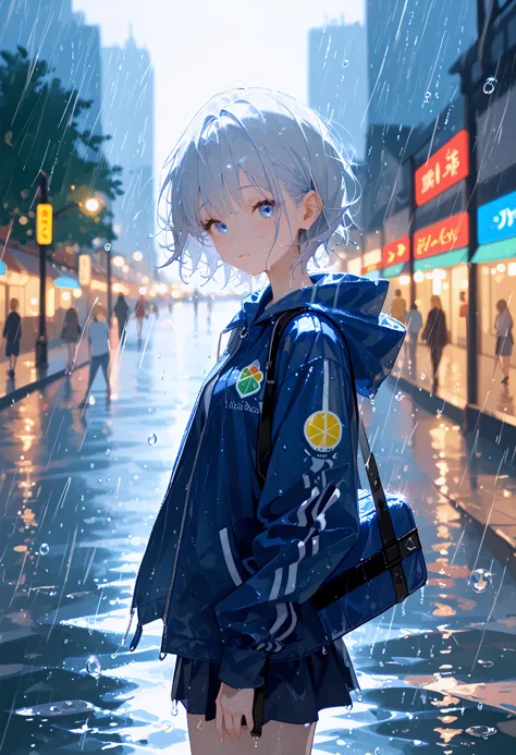 score_9, score_8_up, score_7_up, best quality, source_anime break, blue theme,cute 1girl, silver short hair, rainy, blurry cityl...