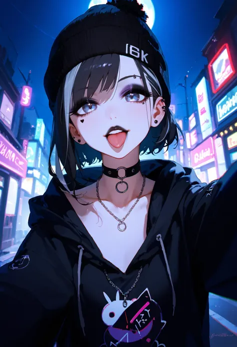 score_9, score_8_up, score_7_up, best quality, source_anime BREAK, (fisheye:1.2), selfie, 1girl, moody nighttime atmosphere, v, tongue out, oversized hoodie, beanie, piercing, oversized clothes, dark eyeshadow, eyeliner, dark lipstick, streaked hair, choker, necklace, punk, collarbone, from below BREAK rim lighting, (chromatic aberration:1.1), dark moody, low-light, Harajuku street, nightlife