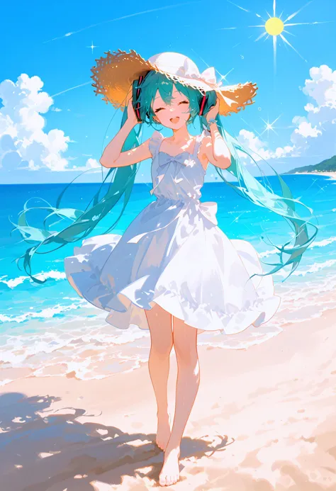 score_9, score_8_up, score_7_up, best quality, source_anime break, 1girl, hatsune miku, sun hat, outdoors, white dress, closed e...