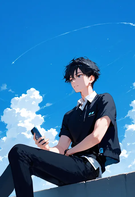 score_9, score_8_up, score_7_up, best quality, source_anime break, 1boy, male focus, cloud, white shirt, cloudy sky, sitting, bl...