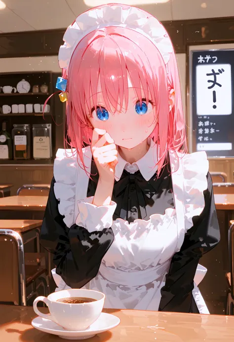 ciloranko, ningen mame, wlop, 1girl, gotoh hitori, @_@,  bocchi the rock!, black dress, blue eyes, cflustered, cube hair ornament, maid apron, hands up, maid headdress, panicking, sweatdrop, pink hair, solo, upper body, dynamic angle, cafe
BREAK score_9, score_8_up, score_7_up