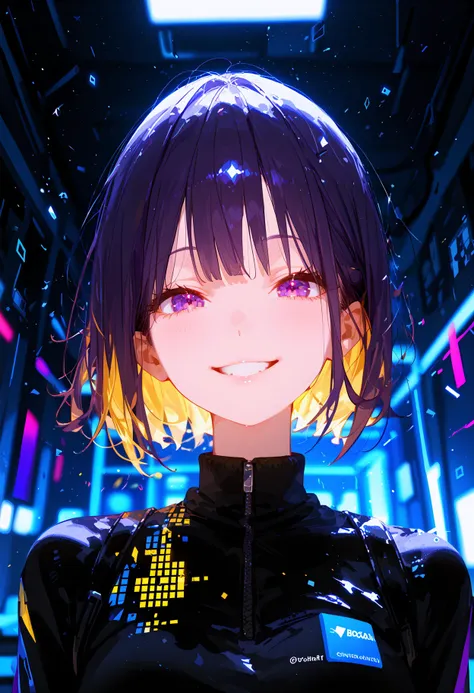 score_9, score_8_up, score_7_up, best quality, source_anime BREAK, 1girl, solo, from front, (room:1.2), looking at viewer, squint, smile, (blurry background:1.1), dark theme, yellow tone, violet tone, polarized, glitch art, silhouette art, block-noise art, disintegration effect