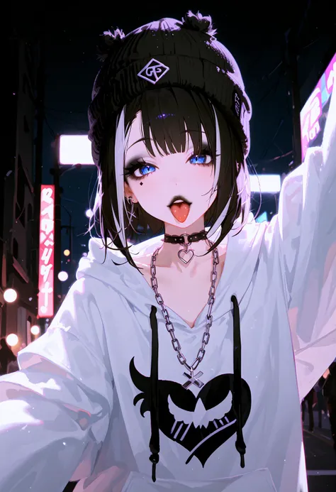 score_9, score_8_up, score_7_up, best quality, source_anime BREAK, (fisheye:1.2), selfie, 1girl, moody nighttime atmosphere, v, tongue out, oversized hoodie, beanie, piercing, oversized clothes, dark eyeshadow, eyeliner, dark lipstick, streaked hair, choker, necklace, punk, collarbone, from below BREAK rim lighting, (chromatic aberration:1.1), dark moody, low-light, Harajuku street, nightlife