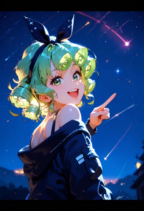 score_9, score_8_up, score_7_up, best quality, source_anime BREAK, 1girl, solo, overlooking, from from below, from behind, upper body, looking back, squint and laugh, index finger raised, leaning forward, head tilt city, (night sky:1.3), (night view, shooting star:0.8), (virtual, long exposure, deep glow effect, artistic filter:1.2), hdr, rim lighting, (depth of field:1.2)