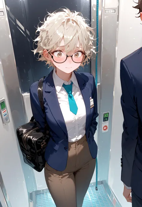 score_9, score_8_up, score_7_up, best quality, source_anime BREAK, 1girl, 1boy, short hair, platinum blonde hair, messy hair, blazer, shirt, trousers, bag, brown hair, glasses, collared shirt, necktie, elevator, nervous, blush