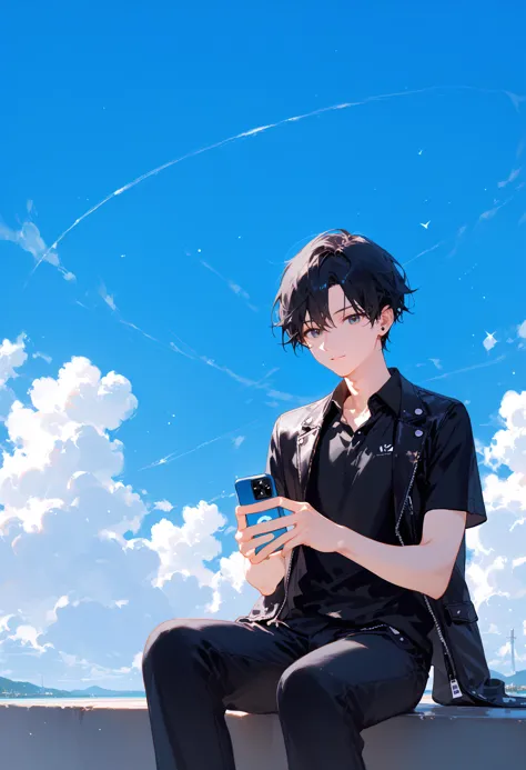 score_9, score_8_up, score_7_up, best quality, source_anime break, 1boy, male focus, cloud, white shirt, cloudy sky, sitting, bl...