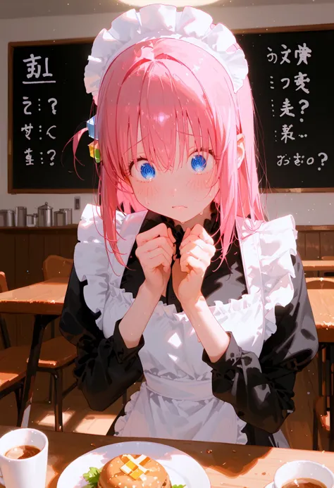 ciloranko, ningen mame, wlop, 1girl, gotoh hitori, @_@,  bocchi the rock!, black dress, blue eyes, cflustered, cube hair ornament, maid apron, hands up, maid headdress, panicking, sweatdrop, pink hair, solo, upper body, dynamic angle, cafe
BREAK score_9, score_8_up, score_7_up