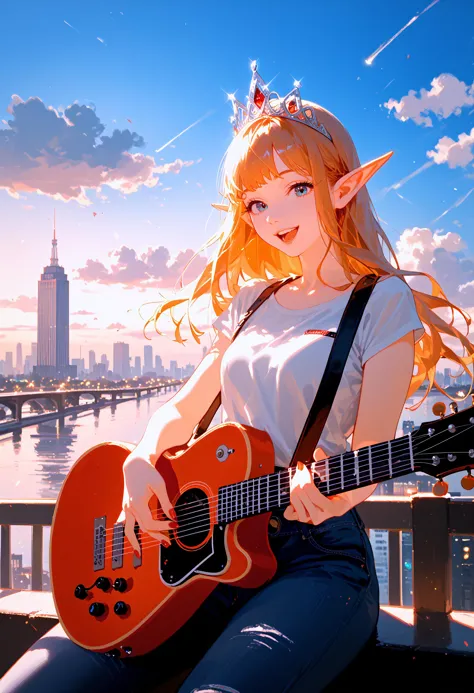 score_9, score_8_up, score_7_up, best quality, source_anime BREAK, polaroid photo, the cloud elf queen busks on the streets of new york, realistic, casual, playing guitar, tiara, relaxed, happy, film grain, soft lighting