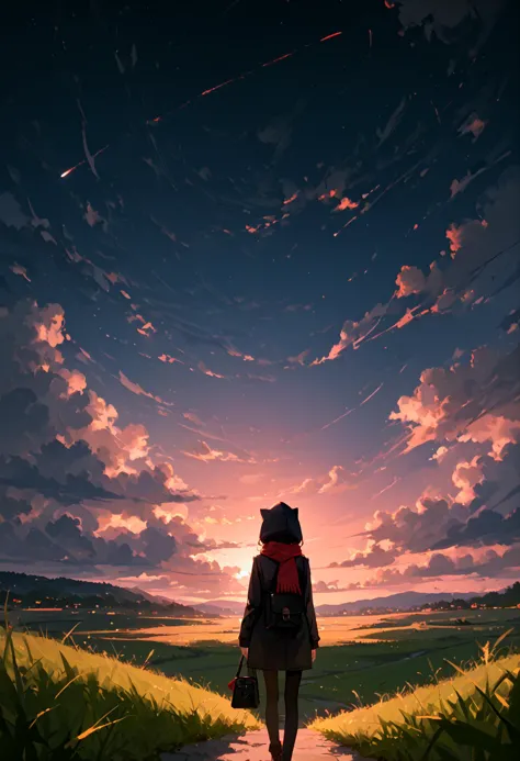 score_9, score_8_up, score_7_up, best quality, source_anime BREAK, 1girl, solo, sky, cloud, outdoors, scenery, black hair, grass, from behind, long hair, standing, cloudy sky, dark, hood, sunset, bag, jacket, night, scarf, long sleeves, facing away,