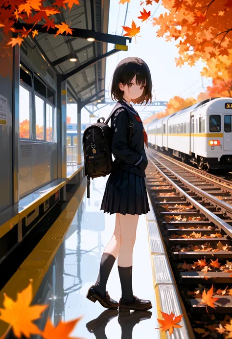 score_9, score_8_up, score_7_up, best quality, source_anime break, 1girl,solo,autumn leaves,socks,black hair,shoes,bag,looking a...