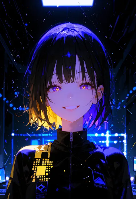 score_9, score_8_up, score_7_up, best quality, source_anime BREAK, 1girl, solo, from front, (room:1.2), looking at viewer, squint, smile, (blurry background:1.1), dark theme, yellow tone, violet tone, polarized, glitch art, silhouette art, block-noise art, disintegration effect