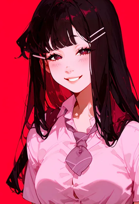 score_9, score_8_up, score_7_up, best quality, source_anime BREAK, Rayne Liebert, 1girl, necktie, long hair, collared shirt, hairclip, hair ornament, red background, simple background, upper body, looking at viewer, pink background, smile, white shirt, black hair, medium breasts, school uniform, pink shirt, dark purple eyes, half-closed eyes, blush, <lora:RayneLiebert-000005:1>